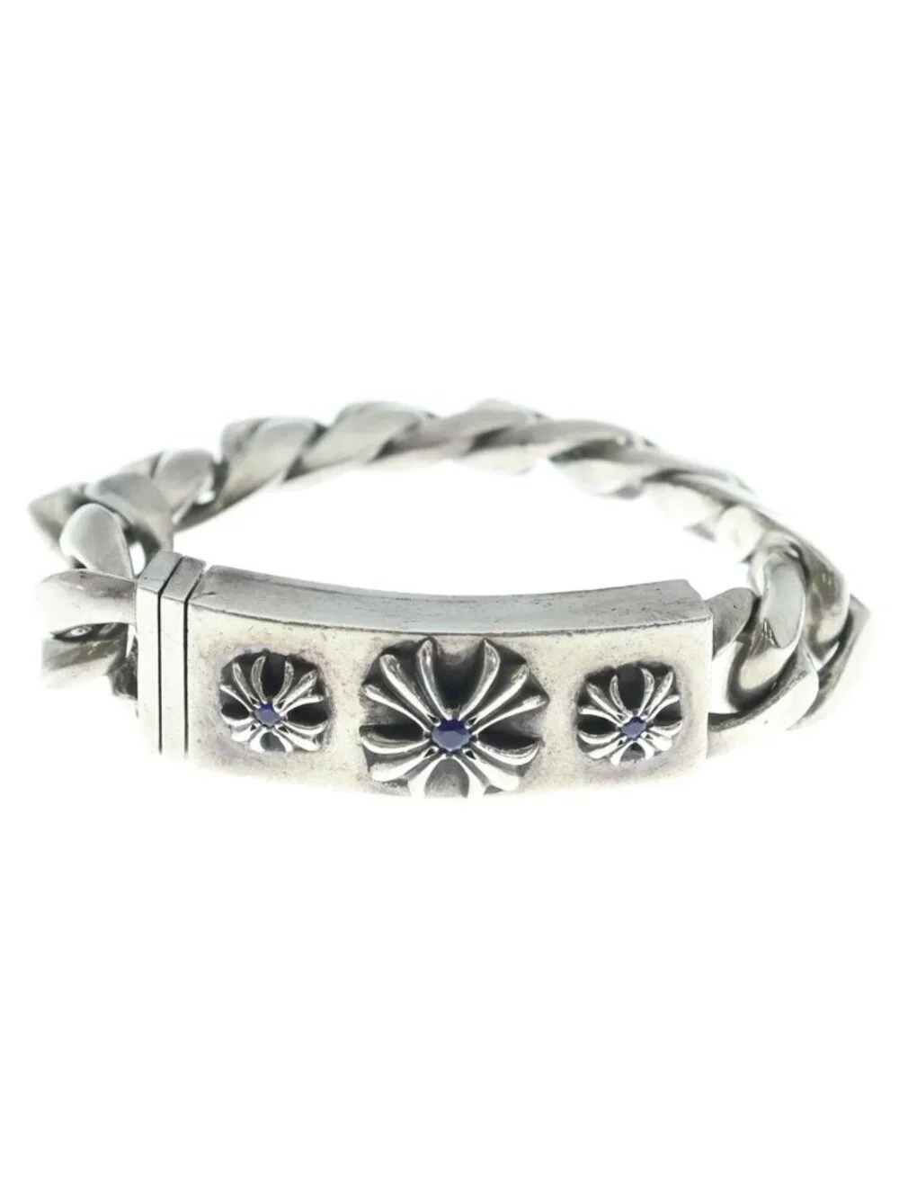 Chrome Hearts Plus ID Blue Sapphire Silver Chain Bracelet